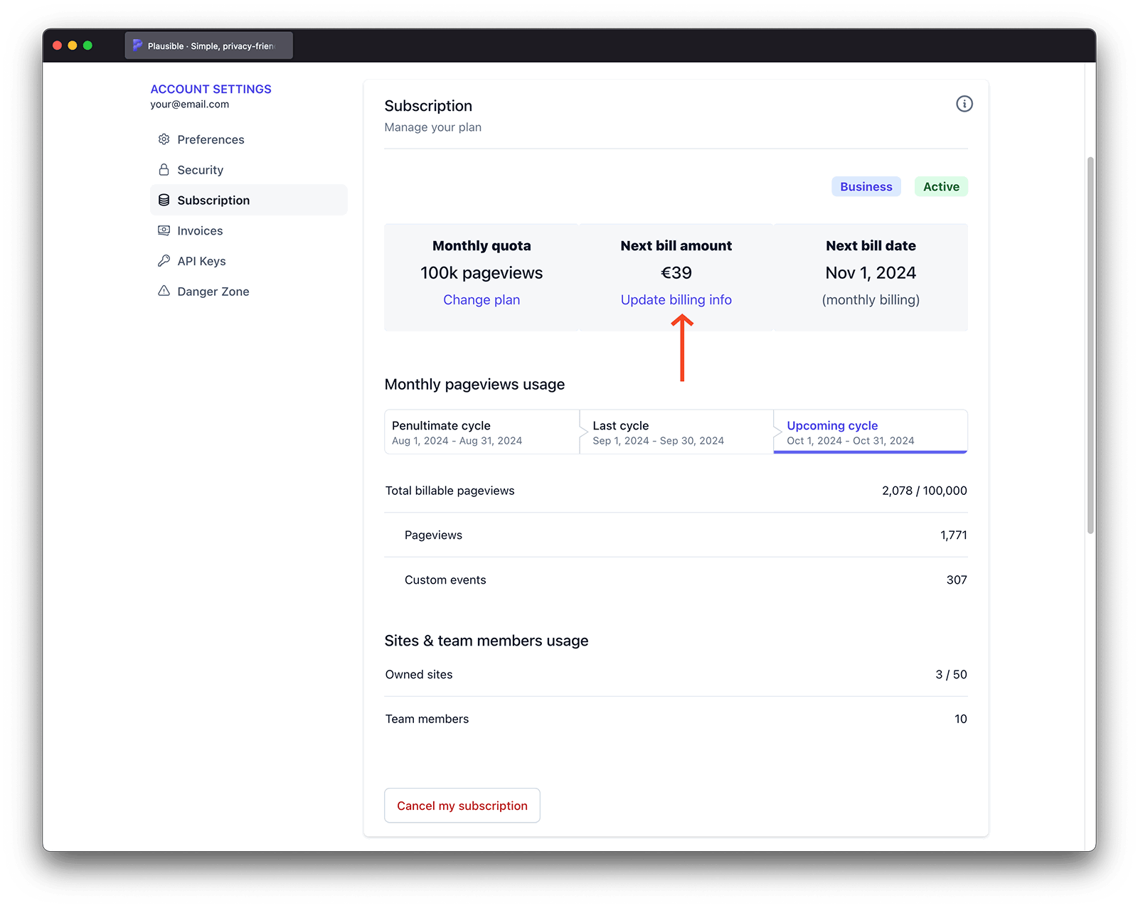 Update Plausible billing information